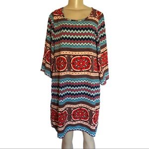 Peach Love California Boho Ethnic Aztec Tribal Tunic Dress Lined Kimono Sleeve